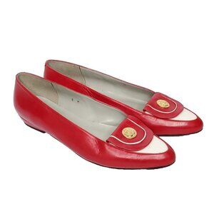 Red Leather Flats Shoes Sz 8 Gold Tone Anchor Button Nautical Beach Pappagallo